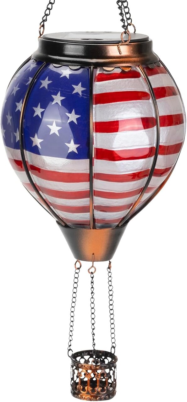 Solar Hot Air Balloon Lantern with Flickering Flame – Glass Outdoor Solar Light, Waterproof Hanging Garden Décor for Patio, Porch, or Yard, Perfect Birthday Gift for Women (American Flag Design)